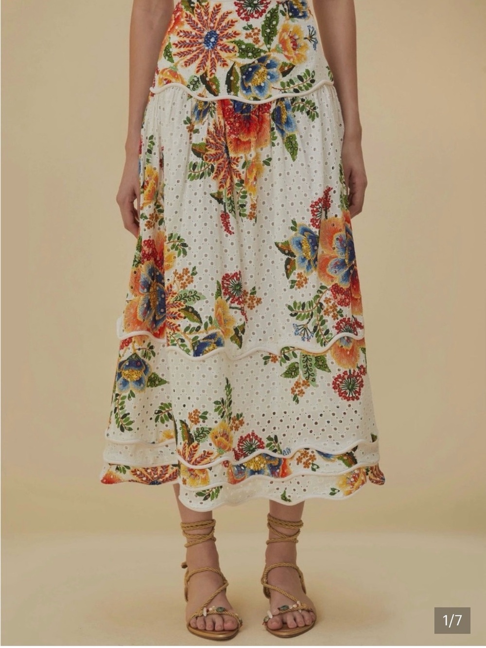 Farm Rio White Eyelet Midi Skirt with Bright Floral Print NWT